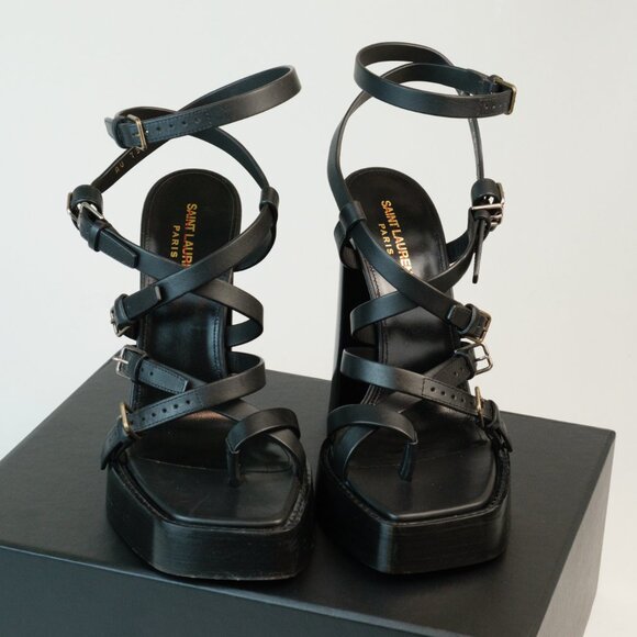 YSL Saint Laurent Leather Gladiator Platform Sandals, Black, EU 39.5 - Picture 2 of 15
